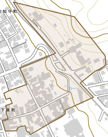 鶴来日詰町とその周辺の地図。町の範囲を重ねている