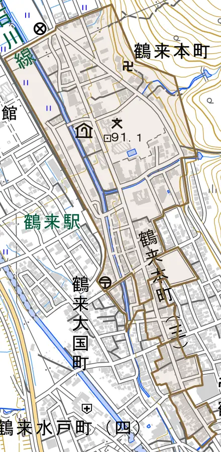 鶴来本町とその周辺の地図。町の範囲を重ねている