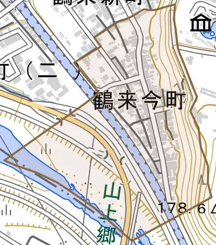 鶴来今町とその周辺の地図。町の範囲を重ねている