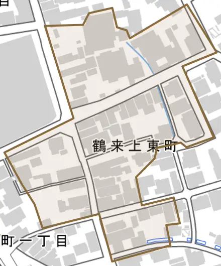 鶴来上東町とその周辺の地図。町の範囲を重ねている
