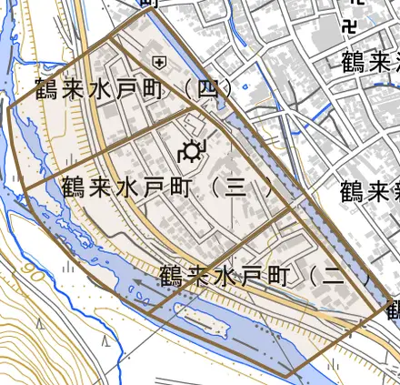 鶴来水戸町とその周辺の地図。町の範囲を重ねている