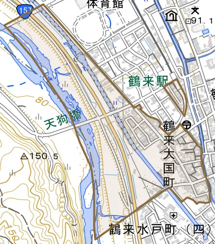 鶴来大国町とその周辺の地図。町の範囲を重ねている