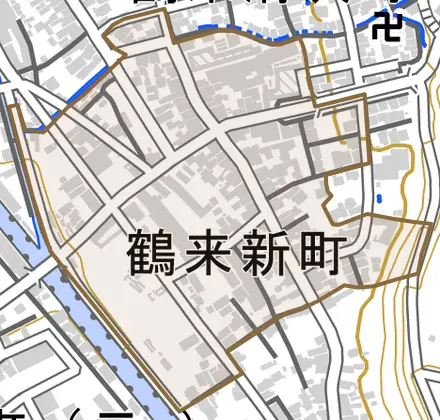 鶴来新町とその周辺の地図。町の範囲を重ねている