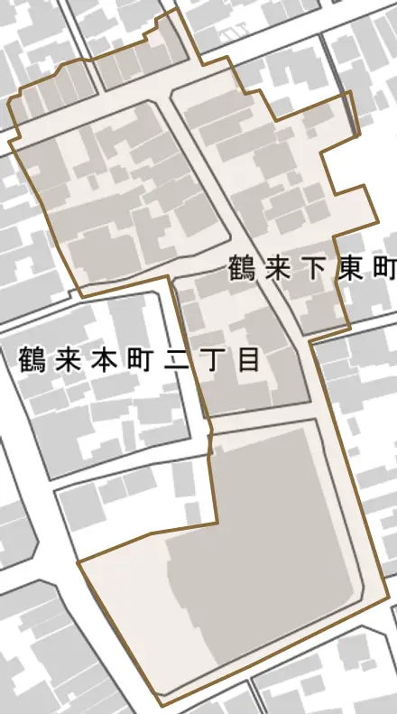鶴来下東町とその周辺の地図。町の範囲を重ねている
