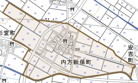 内方新保町とその周辺の地図。町の範囲を重ねている