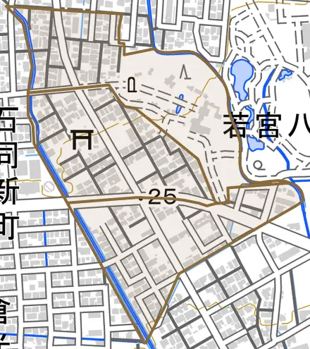 若宮とその周辺の地図。町の範囲を重ねている