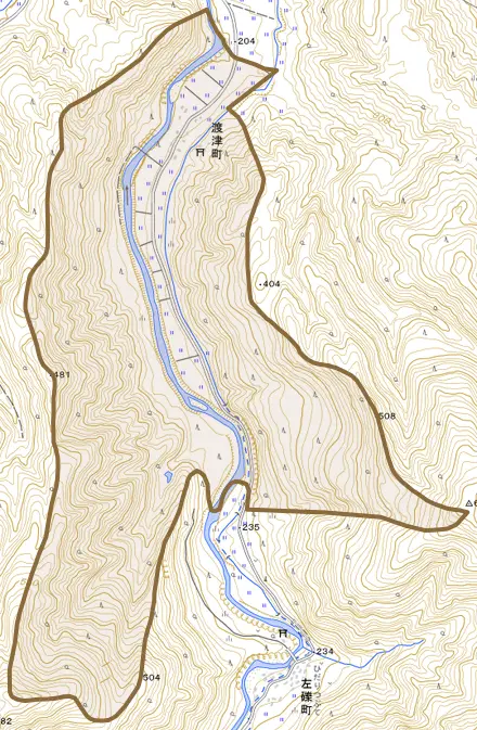 渡津町とその周辺の地図。町の範囲を重ねている