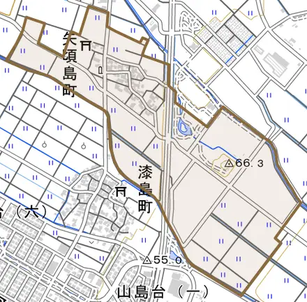 矢頃島町とその周辺の地図。町の範囲を重ねている
