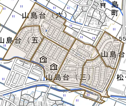 山島台とその周辺の地図。町の範囲を重ねている