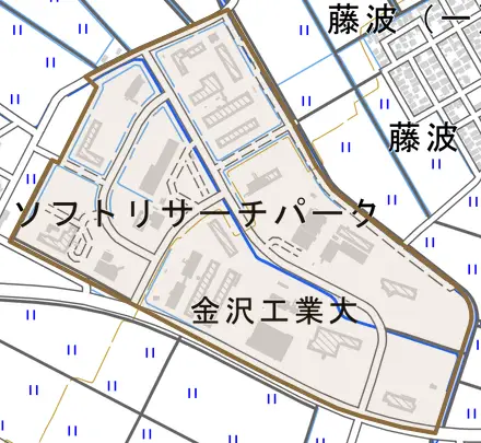八束穂とその周辺の地図。町の範囲を重ねている