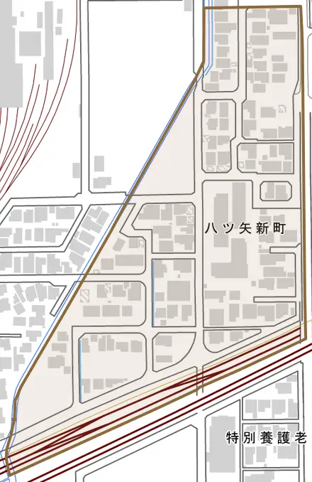 八ツ矢新町とその周辺の地図。町の範囲を重ねている