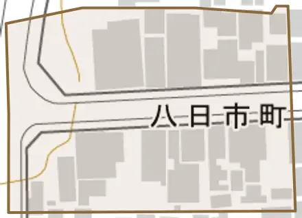 八日市町とその周辺の地図。町の範囲を重ねている