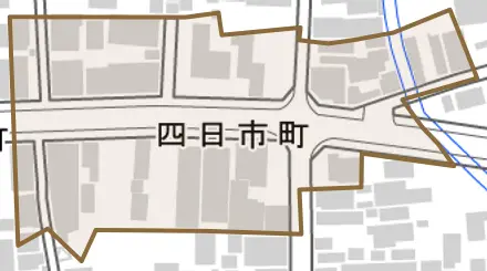 四日市町とその周辺の地図。町の範囲を重ねている