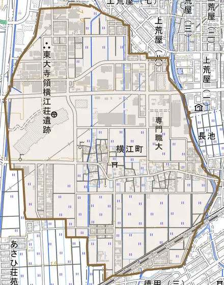 横江町とその周辺の地図。町の範囲を重ねている