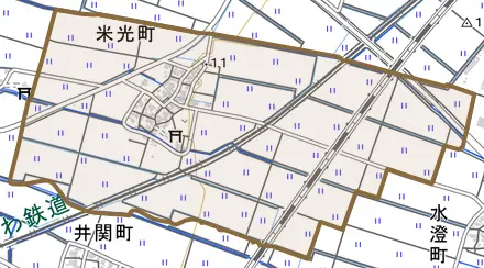 米光町とその周辺の地図。町の範囲を重ねている