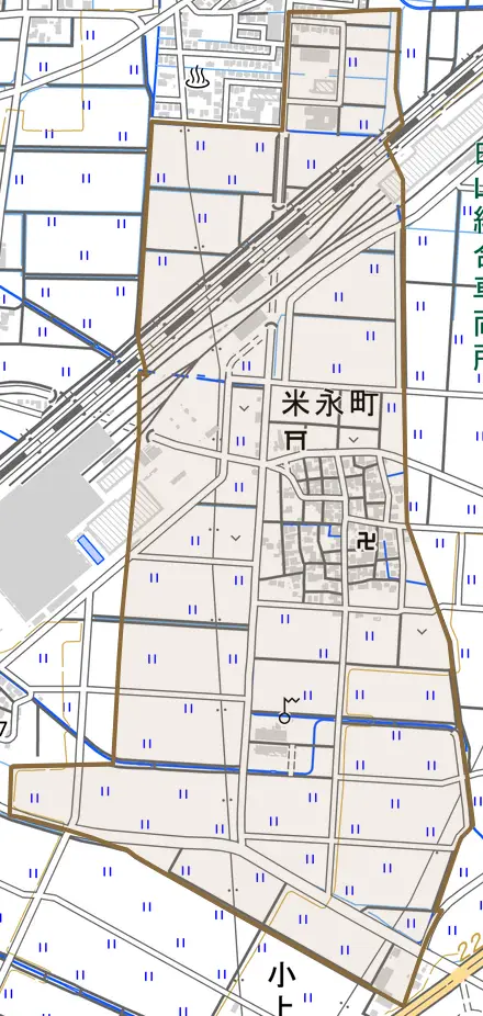 米永町とその周辺の地図。町の範囲を重ねている