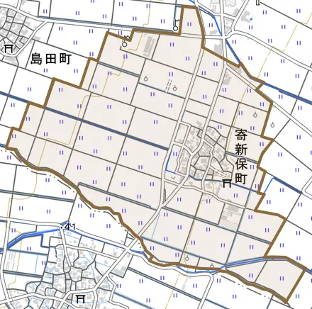 寄新保町とその周辺の地図。町の範囲を重ねている
