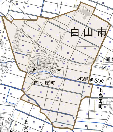 四ツ屋町とその周辺の地図。町の範囲を重ねている