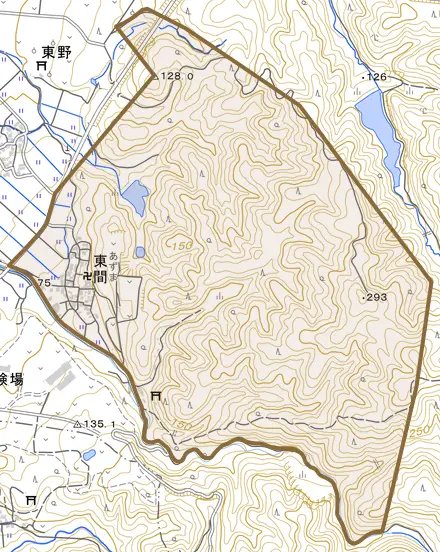 東間とその周辺の地図。町の範囲を重ねている