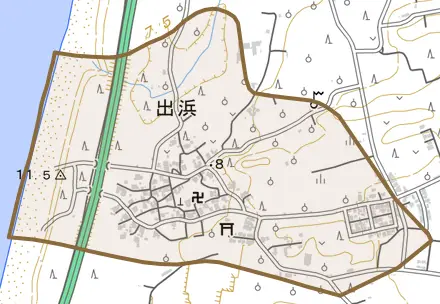 出浜とその周辺の地図。町の範囲を重ねている