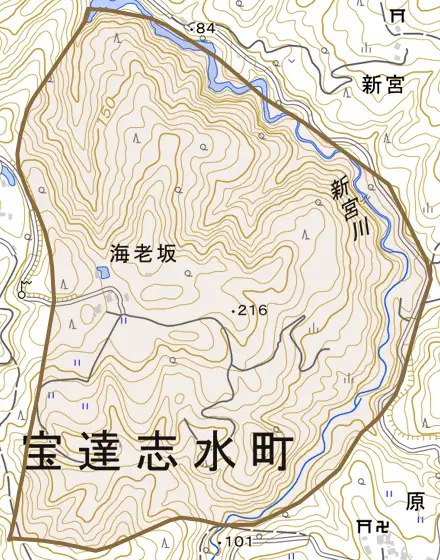 海老坂とその周辺の地図。町の範囲を重ねている