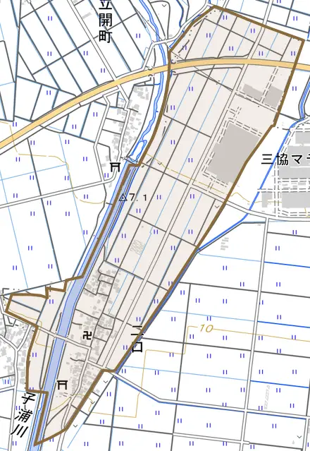 二口とその周辺の地図。町の範囲を重ねている