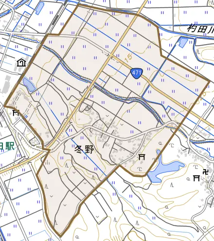 冬野とその周辺の地図。町の範囲を重ねている