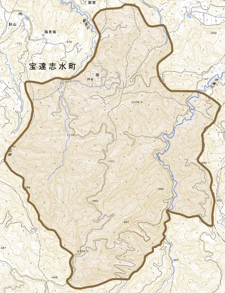 原とその周辺の地図。町の範囲を重ねている