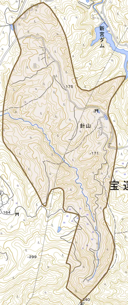 針山とその周辺の地図。町の範囲を重ねている