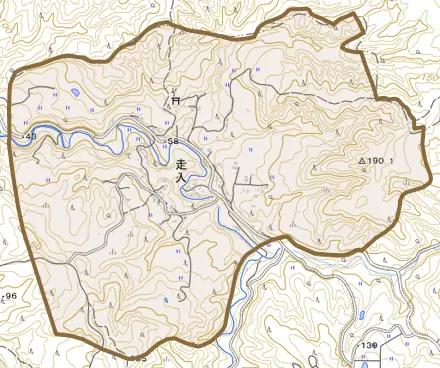 走入とその周辺の地図。町の範囲を重ねている