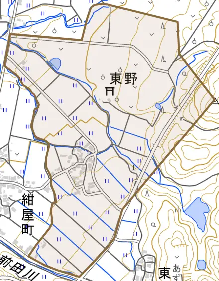 東野とその周辺の地図。町の範囲を重ねている