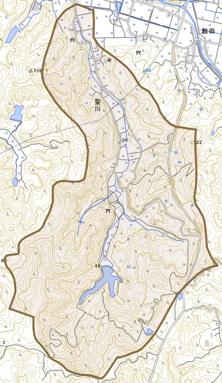 聖川とその周辺の地図。町の範囲を重ねている