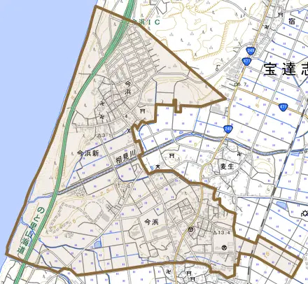 今浜とその周辺の地図。町の範囲を重ねている