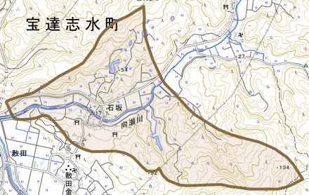 石坂とその周辺の地図。町の範囲を重ねている