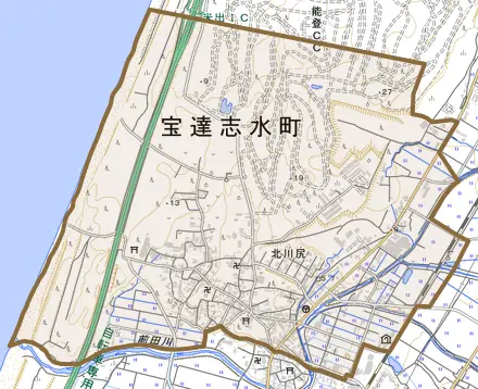 北川尻とその周辺の地図。町の範囲を重ねている