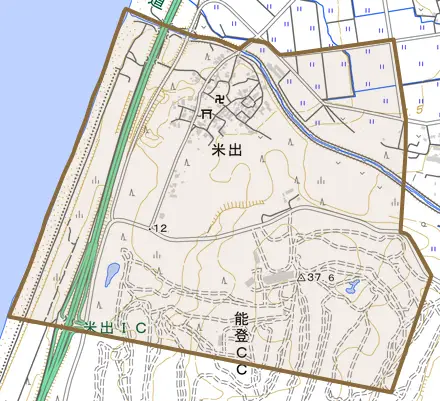 米出とその周辺の地図。町の範囲を重ねている