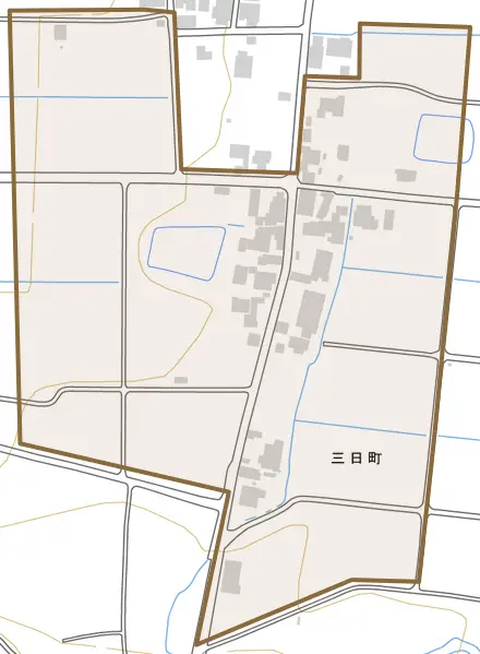 三日町とその周辺の地図。町の範囲を重ねている