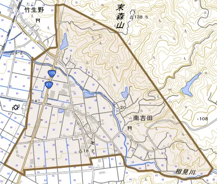 南吉田とその周辺の地図。町の範囲を重ねている
