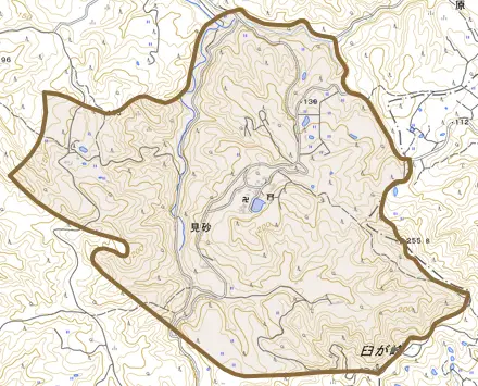 見砂とその周辺の地図。町の範囲を重ねている