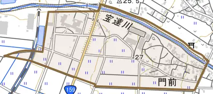 門前とその周辺の地図。町の範囲を重ねている