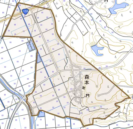 森本とその周辺の地図。町の範囲を重ねている