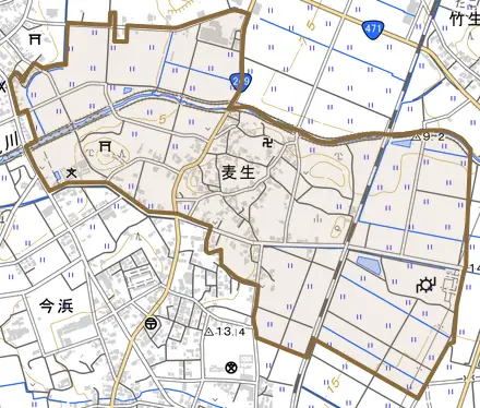 麦生とその周辺の地図。町の範囲を重ねている