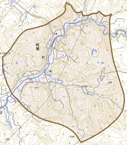 向瀬とその周辺の地図。町の範囲を重ねている