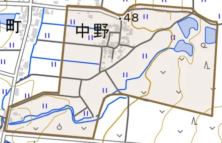 中野とその周辺の地図。町の範囲を重ねている