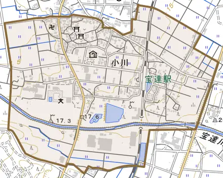 小川とその周辺の地図。町の範囲を重ねている