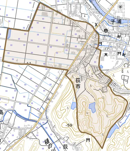 荻市とその周辺の地図。町の範囲を重ねている