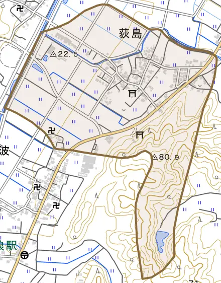 荻島とその周辺の地図。町の範囲を重ねている