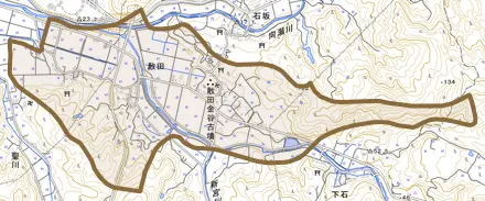 散田とその周辺の地図。町の範囲を重ねている