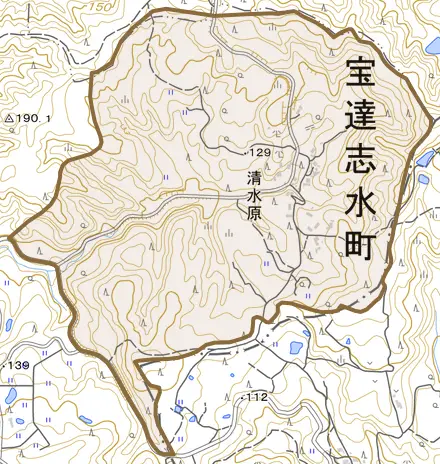 清水原とその周辺の地図。町の範囲を重ねている