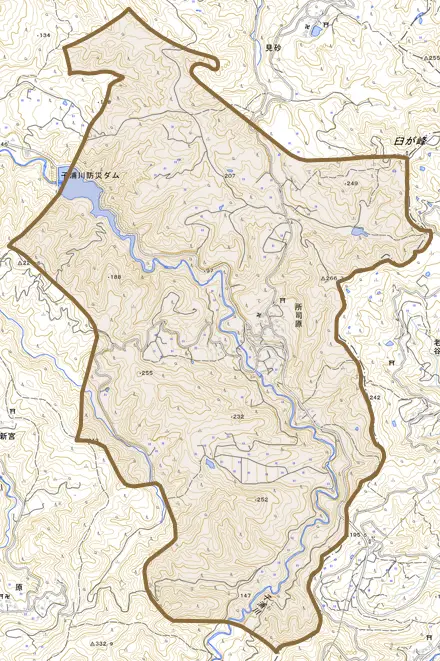 所司原とその周辺の地図。町の範囲を重ねている